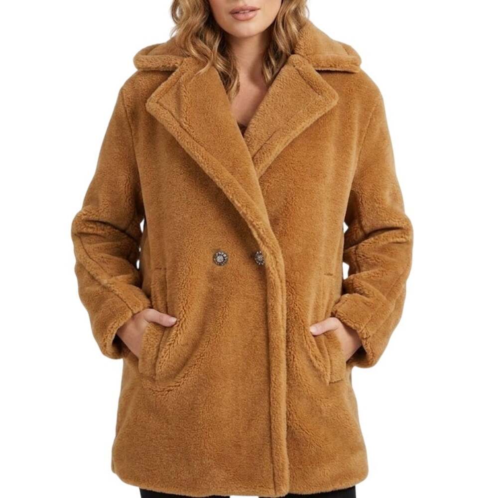 Jessica Simpson Peacoat Women L Cognac Sherpa Teddy Faux Fur Rhinestone Buttons
